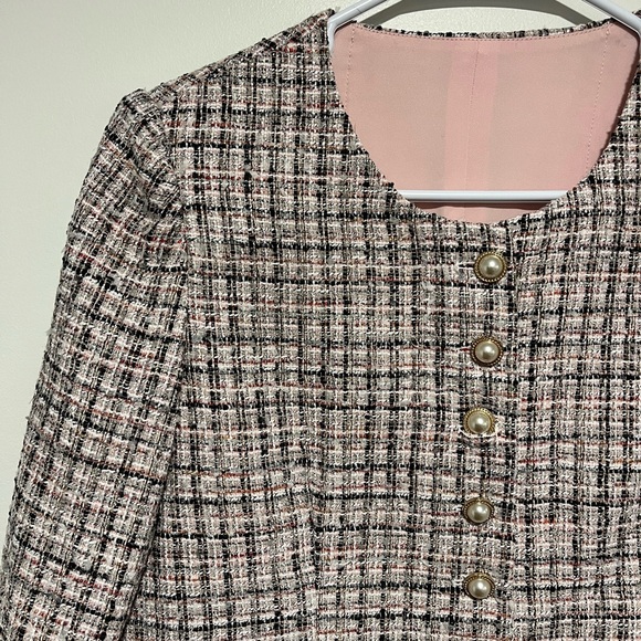 Women's Wool Blended Tweed Jacket - Pink and Black - Picture 2 of 8